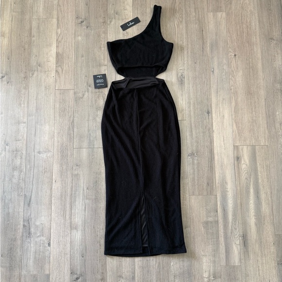 Lulus Black Ribbed One-Shoulder Cutout Midi Dress NWT - Picture 10 of 11